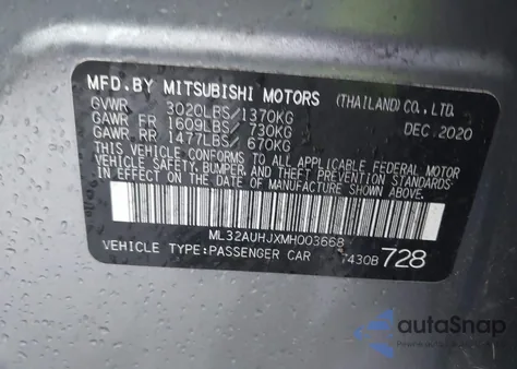 2021 Mitsubishi Mirage Carbonite Edition/Es/Le z USA, uszkodzony, nr VIN ML32AUHJXMH003668